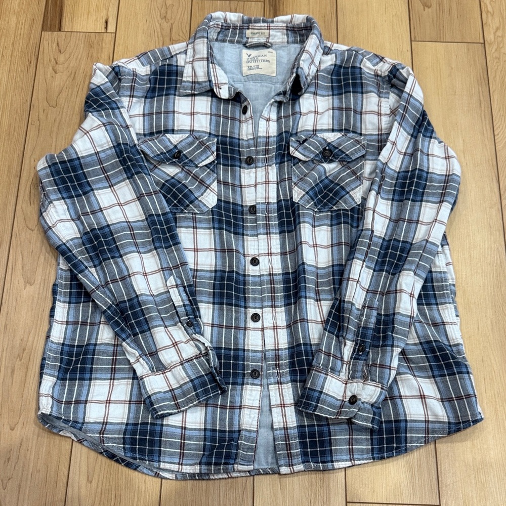 American Eagle Outfitters Blue and White Checkered Shirt - Athletic Fit